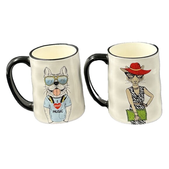 Signature Ceramic Art Mugs Dog and Cat 17.5 oz Mugs Set of 2 - Picture 1 of 9